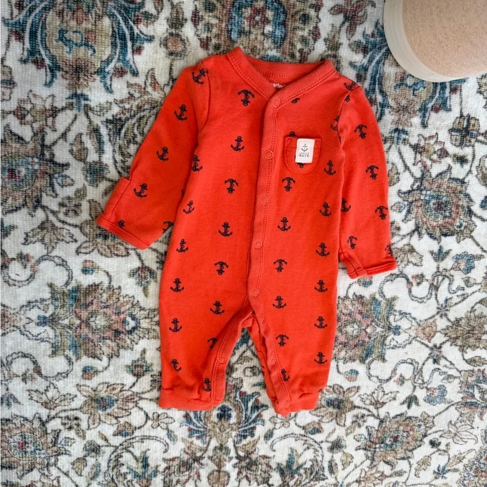 Y2K Carter’s Newborn Nautical Anchor Print Button Snap Romper One Piece Footless